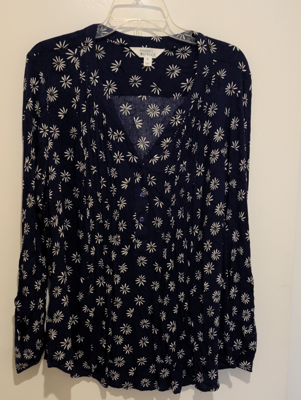 Market & Spruce Navy Floral Button-Front Long Sleeve Dress
